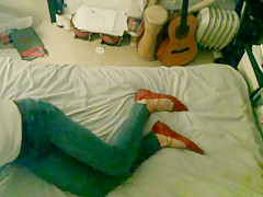 Red pointed lace up ballerinas and zara outfit