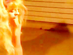 Blonde blindfolded doggy cum stockings heels