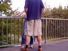 Skinny redhead blow and fuck on the bridge