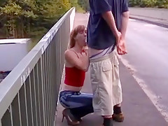 Skinny redhead blow and fuck on the bridge