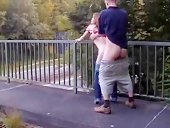 Skinny redhead blow and fuck on the bridge