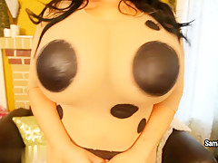 Big chicks are showing their huge tits and suck cock by turn