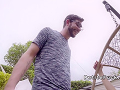 Blonde spinner in white leggings banging