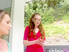 Busty lesbo MILF dildoing and licking teen pussy outdoors