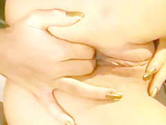 Blonde in green stockings fucks a dildo