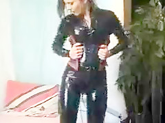 Latex catsuit double dildo panties shopping trip