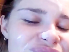 Sexy girlfriend deepthroats and gets facial cumshot