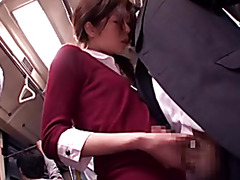 Japanese whore sucks dick in a public bus