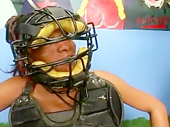 Ebony Model in Mask Gives Dripping Blowjob