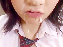 Demented schoolgirl sucks dicks while they all watch her do it