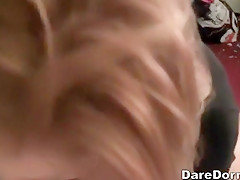 Two curious college girls share a cock