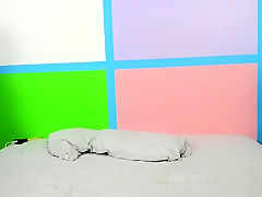 Blonde and brunette nymphos sharing a vibrator and a cock on the bed