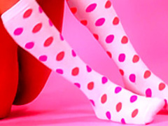 Brunette teen hottie Taylor poses naked in her pink polka dot stockings