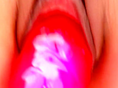 Sensuous brunette with a heart-shaped booty Jane fucks a huge dildo