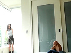 Perky breasted brunette teen with sexy slim legs knows how to please