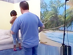 Sexy brunette teen in tight panties takes a deep drilling on the sofa