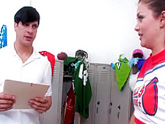 Stunning cheerleader with a fabulous ass gets her hairy pussy drilled