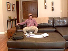 Flirty brunette wants to taste this older fucker's bulging boner