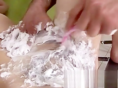 Slutty brunette has a horny burglar roughly drilling her hairy snatch