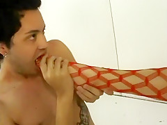 Dirty dominating bitch in red fishnets takes control over hot dong