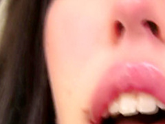 Absolutely stunning brunette cutie uses a glass dildo in her cunt