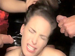 Slutty brunette deepthroats two long dicks and swallows their juices