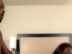 Big chubby ebony gulps down his prick then takes it banging her twat