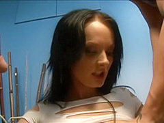Gorgeous Melissa Lauren shows off her boobs and her handjob skills