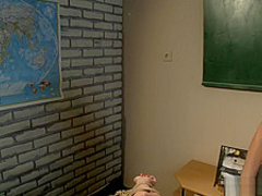 Attractive brunette schoolgirl learns a lesson in hardcore lesbian sex