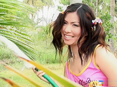 Smoking hot brunette beauty gets playful and buck naked outdoors