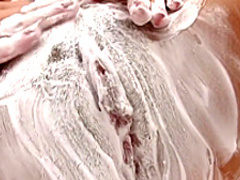 Horny brunette with a sweet ass shaves her pussy and then masturbates