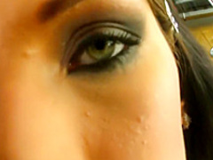 Sexy slim brunette Queenie invites two studs to satisfy her desires