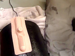 Horny brunette rides on a dildo and toys herself in between fucking