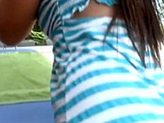 Bodacious young brunette Nataly works her narrow peach on a large dick