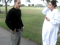 Petite brunette schoolgirl fucks a huge dick and gets a nasty creampie