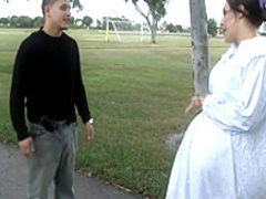 Petite brunette schoolgirl fucks a huge dick and gets a nasty creampie