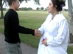 Petite brunette schoolgirl fucks a huge dick and gets a nasty creampie