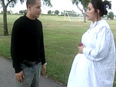 Petite brunette schoolgirl fucks a huge dick and gets a nasty creampie