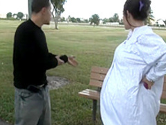 Petite brunette schoolgirl fucks a huge dick and gets a nasty creampie