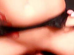 Slender brunette in lingerie welcomes a long pole in her tight peach