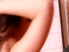 Slender brunette in lingerie welcomes a long pole in her tight peach