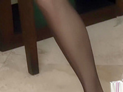 Provoking blonde in stockings exposes her big boobs and fucks herself