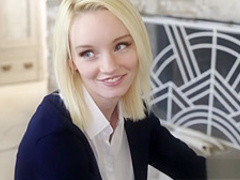 Blonde takes a big cock down her petite throat