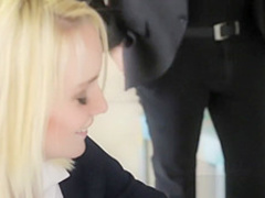 Blonde takes a big cock down her petite throat