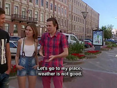 Brunette pays a debt with her tight pink pussy