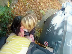 Blonde cutie tricked into outdoor sex