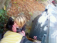 Blonde cutie tricked into outdoor sex