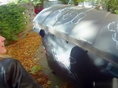 Blonde cutie tricked into outdoor sex