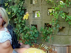 Blonde cutie tricked into outdoor sex