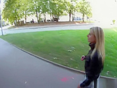 Blonde cutie tricked into outdoor sex